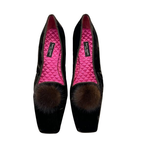 Kate Spade New York Tryst Brown Velvet Soft Pom Pom Pouf Square Toe Pumps - Picture 2 of 10